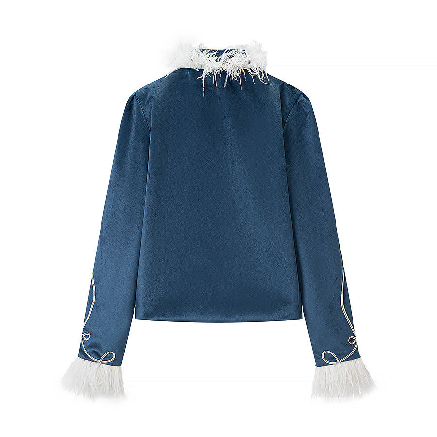 Damen Ornamentale Militärjacke mit Zierkordeln und Federbesatz Drune