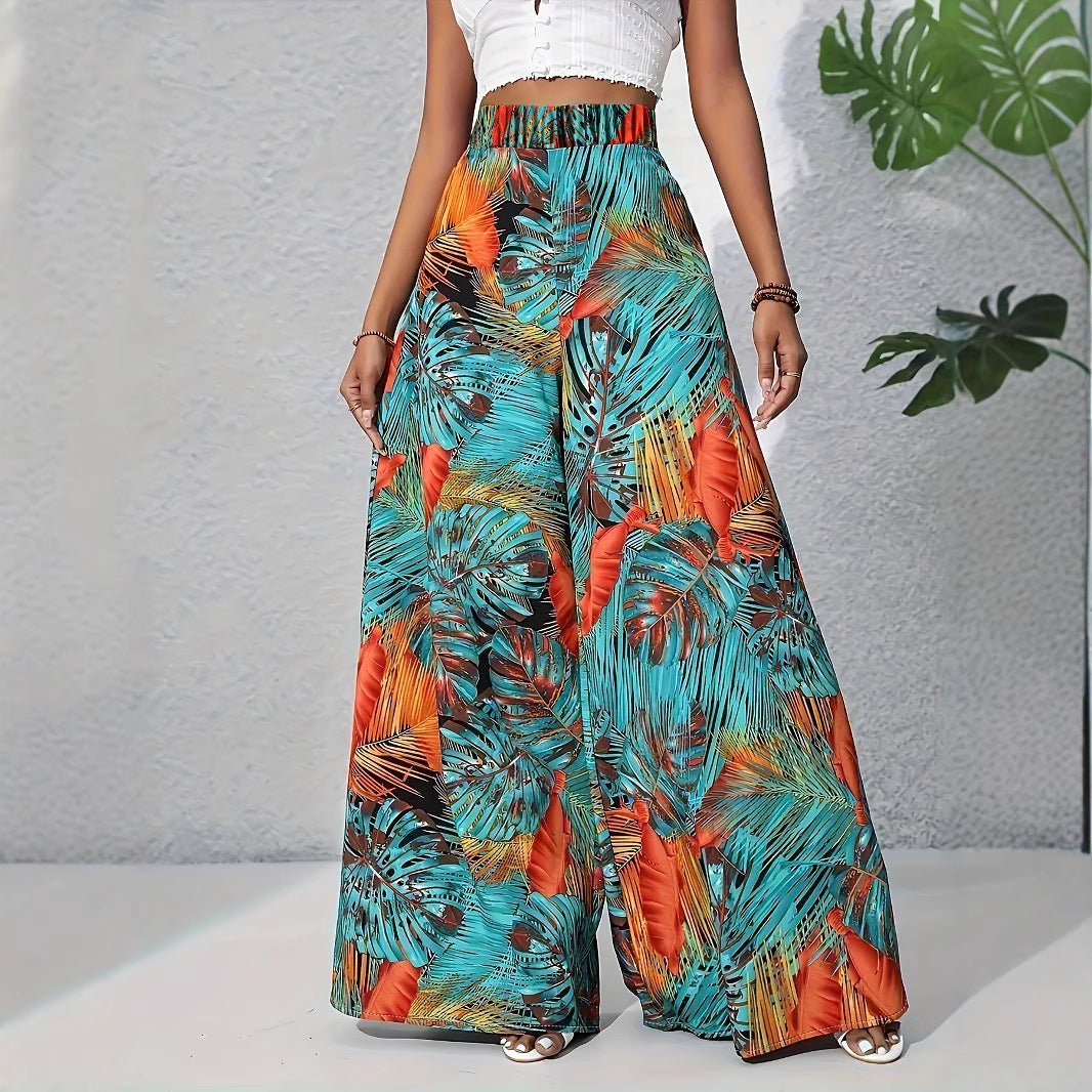 Damen Palazzo-Hose mit lebendigem Palmenmuster und elastischem High-Waist-Bund Drune
