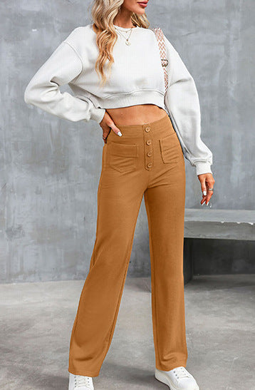 Damen elegante High-Waist-Hose mit Knopfdetails und praktischen Taschen Drune