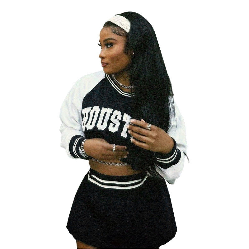 Damen Zweiteiliges Sportives Crop-Sweatshirt- und Minirock-Set mit Raglanärmeln und geripptem Taillenbund Drune