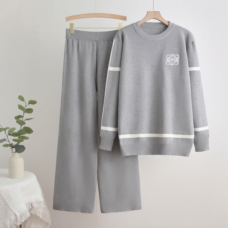 Damen modisches Freizeit-Loungewear-Set mit breiten Beinen und dezentem Logo Drune
