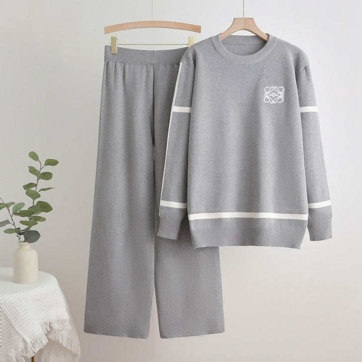 Damen modisches Freizeit-Loungewear-Set mit breiten Beinen und dezentem Logo Drune