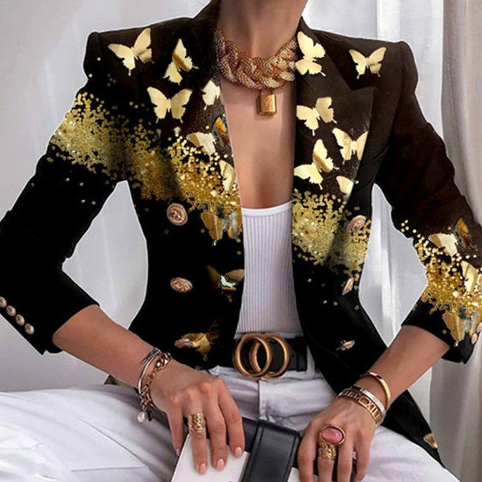 Damen Taillierter Doppelreihiger Blazer mit markanter Schulter, Goldknöpfen und Glitzer-Ombré Drune