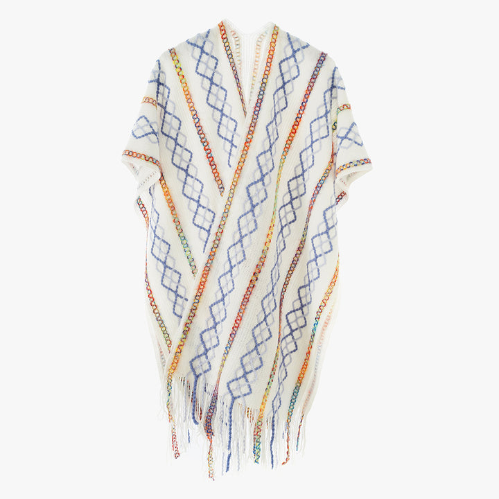 Damen Gewebter Fransenponcho mit V‑Ausschnitt und buntem Reliefjacquard Drune