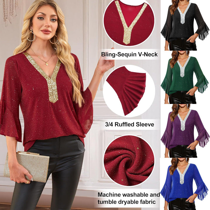 Damen Festliche Mesh-Bluse mit V-Ausschnitt, Paillettenbesatz und Volantärmeln Drune