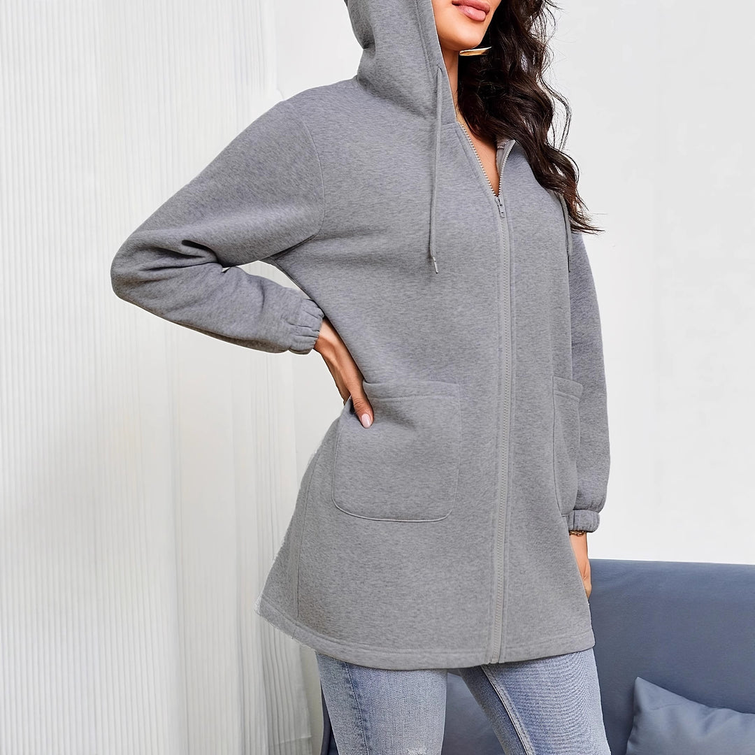 Damen nan Longline-Kapuzenjacke mit durchgehendem Reißverschluss, Kängurutaschen und elastischen Bündchen Drune