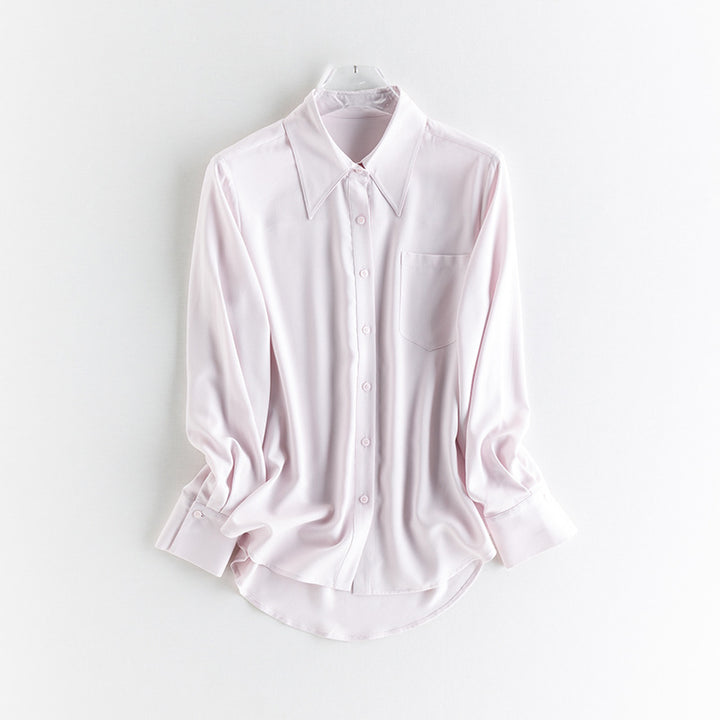 Damen seidenähnliche Oversize-Bluse mit spitzem Hemdkragen und Brusttasche Drune