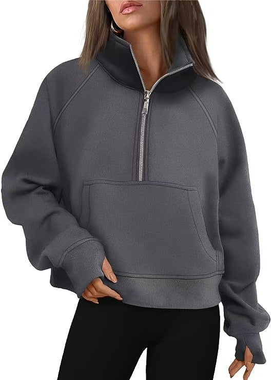Damen nan oversized Halbzip Pullover mit Kängurutasche, Daumenlöchern und hohem Kragen Drune