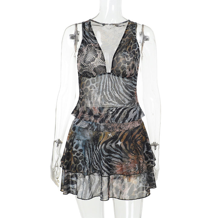 Damen Elegantes Kleid mit Rüschendetails und animalischem Muster Drune