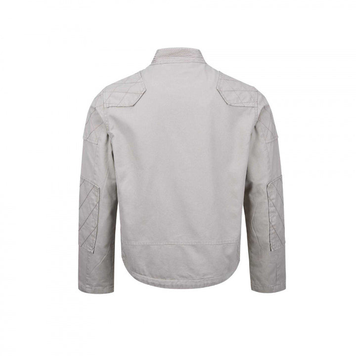 Herren Kurz geschnittene Biker‑inspirierte Baumwolljacke mit Stehkragen, Quilt‑Einsätzen und Reißverschlusstaschen Drune