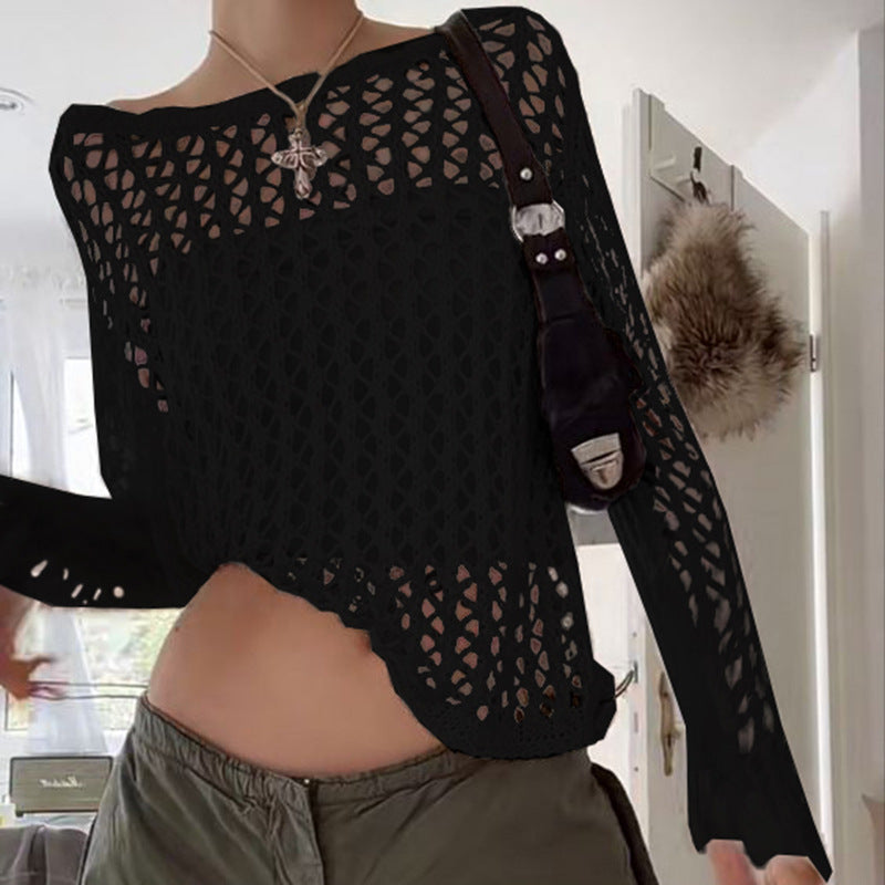 Damen luftiger Strickpullover mit feinem Netzmuster Drune