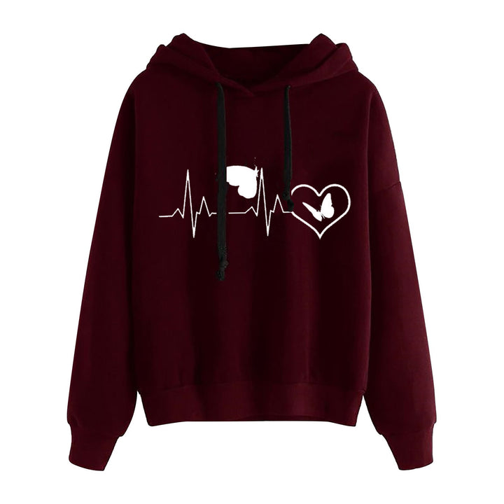 Damen nan leichter Oversize Kapuzenpullover mit Herz‑EKG‑Motiv, langen Kordeln und elastischem Bund Drune