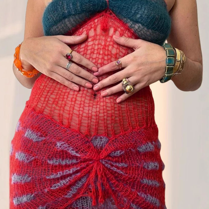 Damen Netzkleid mit kreativem Schnitt und verzierten Trägern Drune