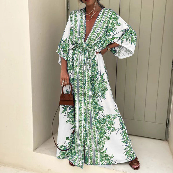 Damen luftiger Kaftan mit kunstvollem Blumenmuster und eleganten Details Drune