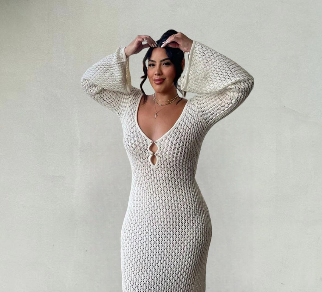 Damen Strick-Maxikleid mit tiefem V-Ausschnitt und modischen Rüschendetails Drune