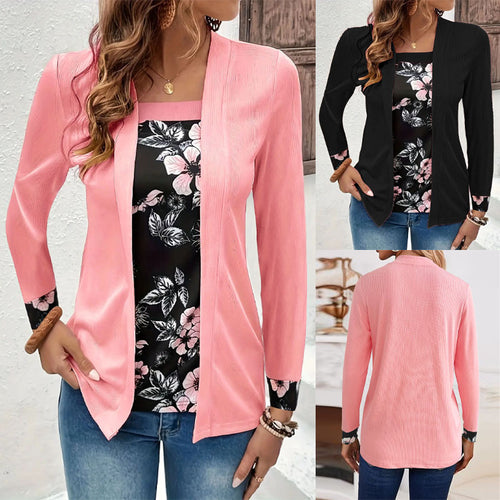 Damen Offener Longcardigan mit strukturierter Crinkle‑Optik und floralem Einsatztop Drune