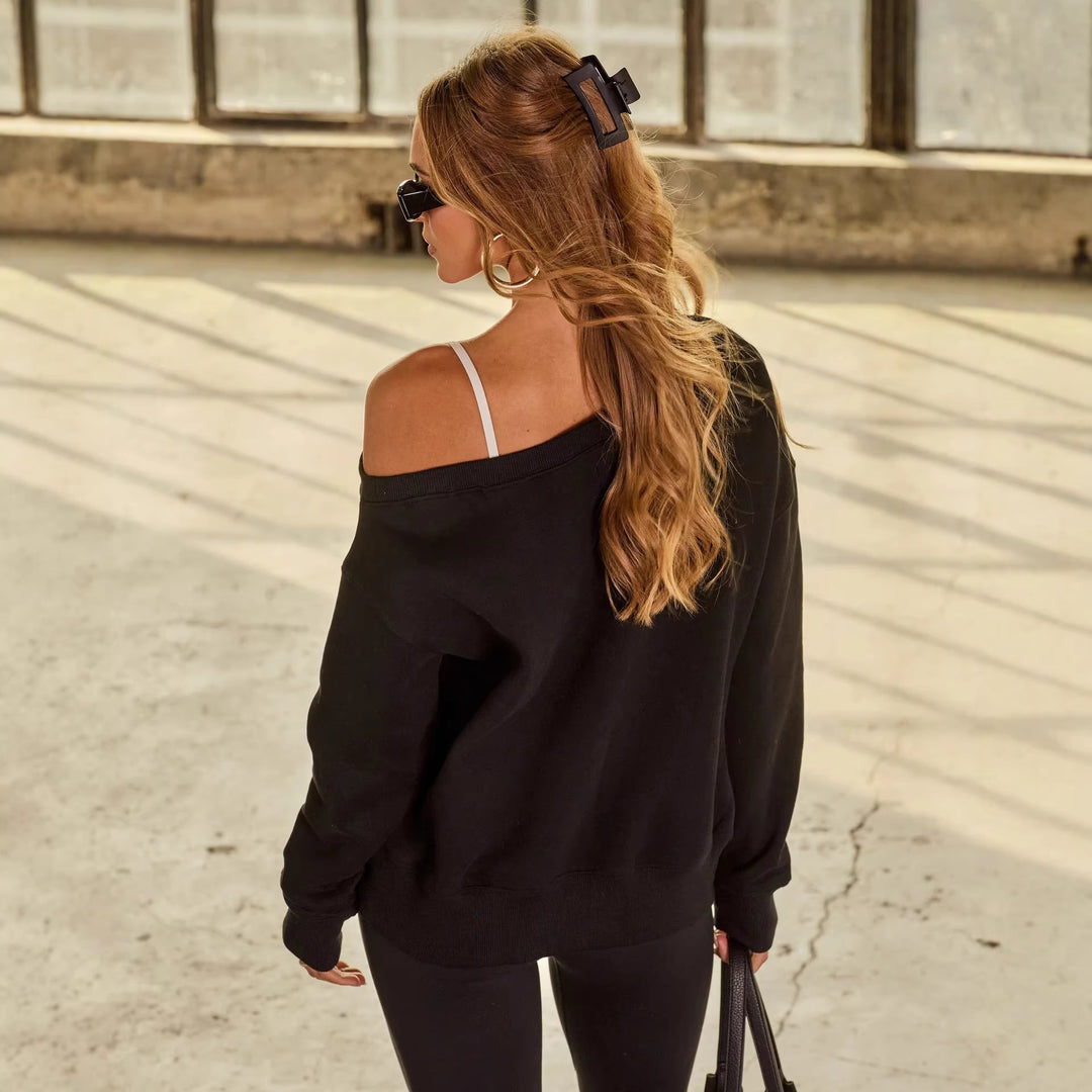 Damen lässiger Off-Shoulder Pullover mit breiten Ärmeln und modischen Akzenten Drune