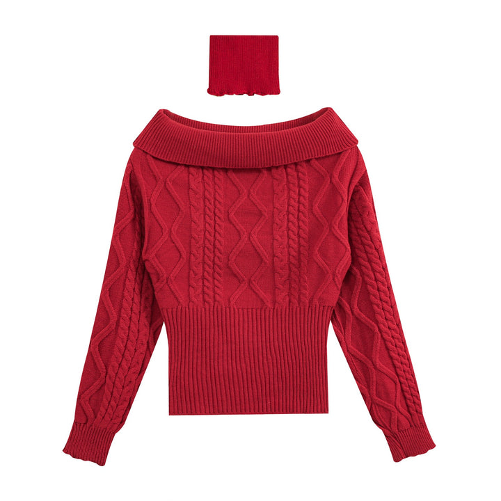 Damen Off-Shoulder Zopfstrick-Pullover mit weitem Rippbund und Umschlagkragen Drune