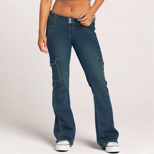 Damen Cargo-Flared-Jeans mit mittelhohem Bund, Ziernähten und Pattentaschen Drune