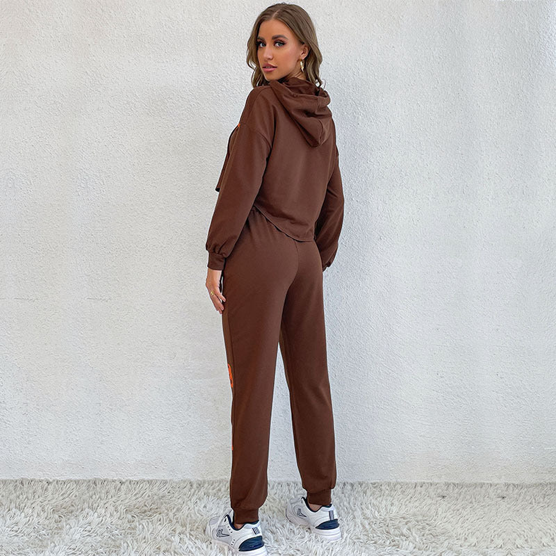 Damen Cropped Kapuzenpullover- und Jogginghose-Set mit Smiley-Print Drune