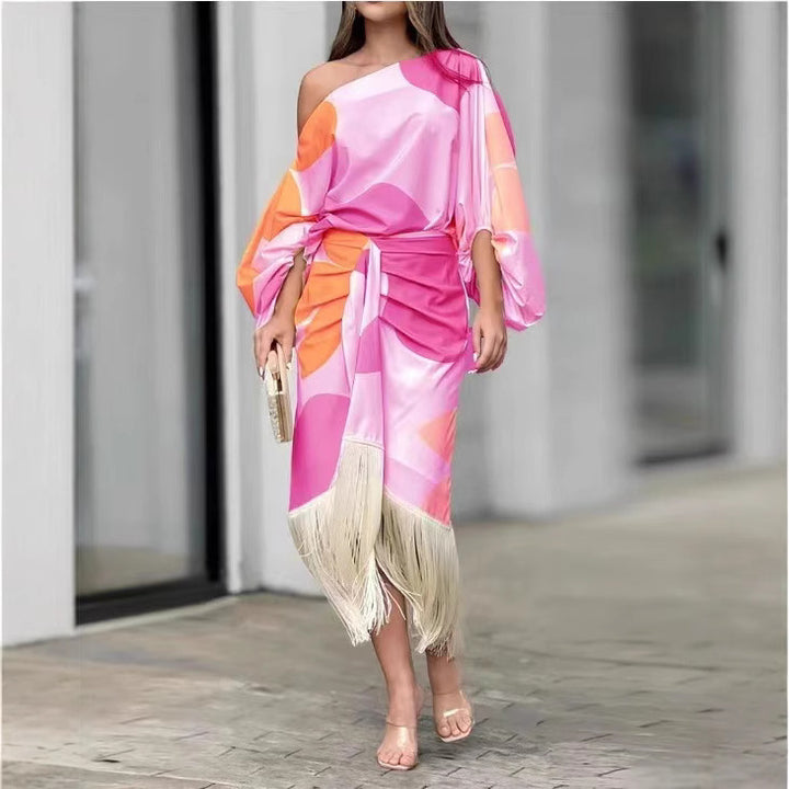 Damen nan asymmetrisches drapiertes Midikleid mit einseitiger Schulterpartie, voluminösem Ärmelschnitt und Fransen-Saum Drune