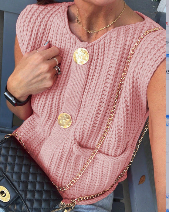 Damen Strickweste mit Knöpfen und Taschen Drune