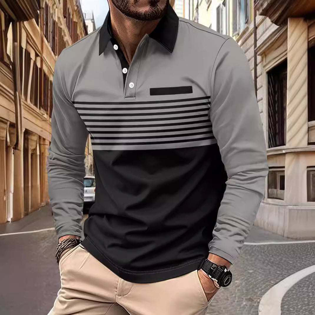 Herren nan langärmliges Poloshirt mit kontrastierendem Hemdkragen, dezenter Brustpaspel und feinem Streifenrelief Drune