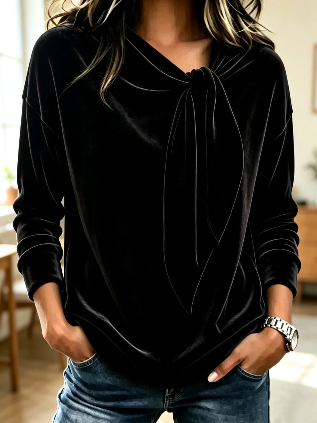 Damen Drapiertes Velours-Sweatshirt mit Knotenschalkragen Drune