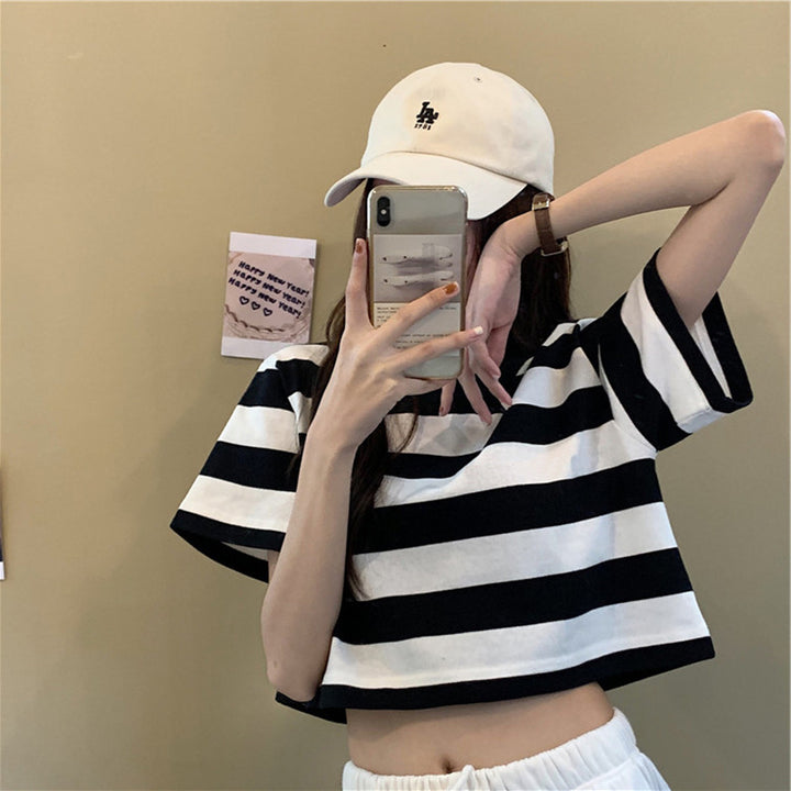 Damen Cropped T-Shirt mit Streifenmuster und lässigem Schnitt Drune
