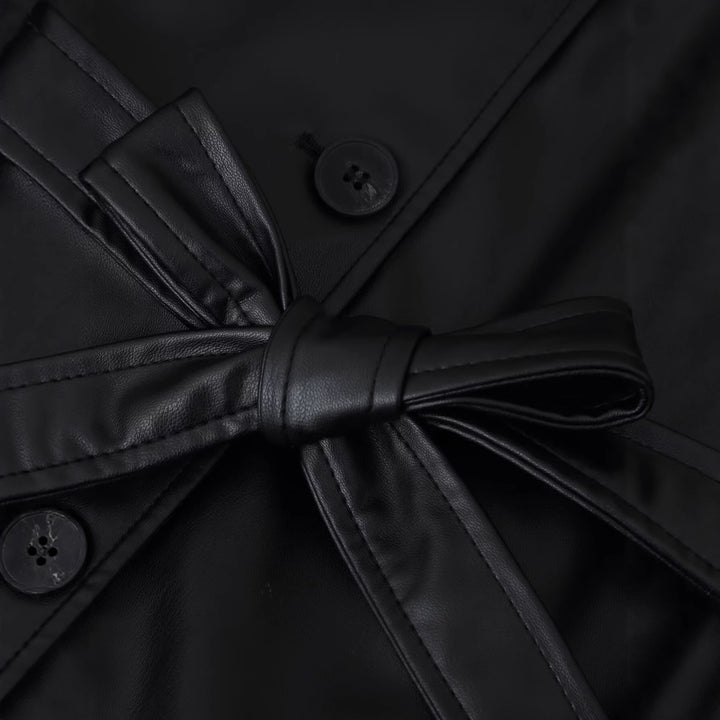 Damen Kurze Taillierte Kunstlederjacke mit Bindegürtel und Hemdkragen Drune