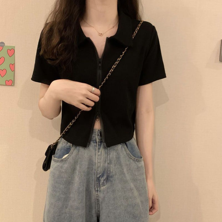 Damen Cropped Poloshirt mit Reißverschluss und strukturierter Textur Drune
