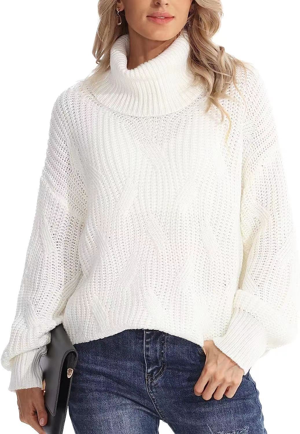 Damen Weicher Strickpullover mit hohem Kragen und Kabelmuster Drune
