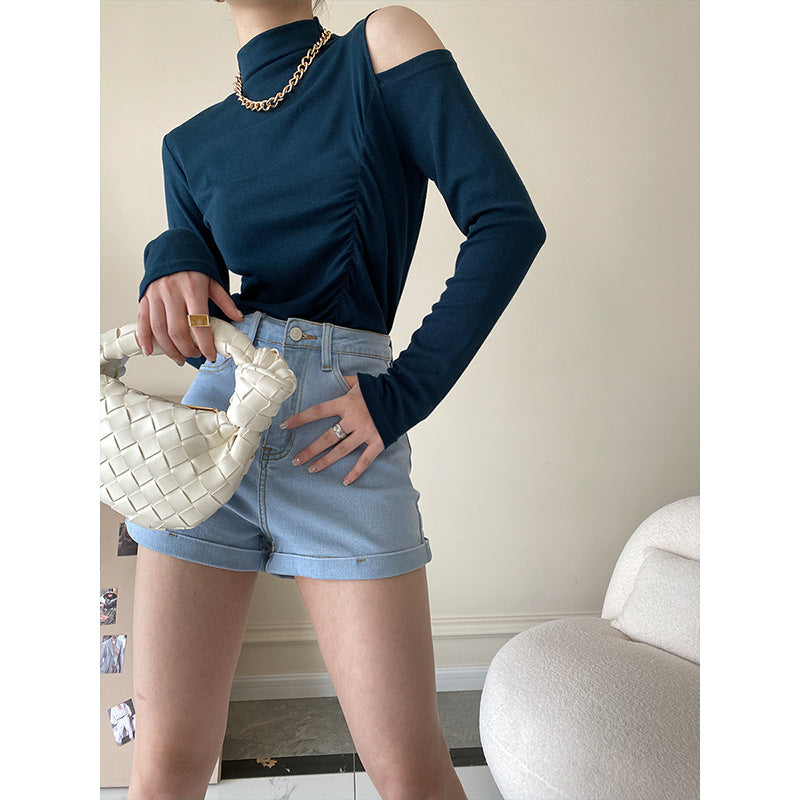 Damen Langarmshirt mit offenem Schulterdesign und gerafftem Effekt Drune