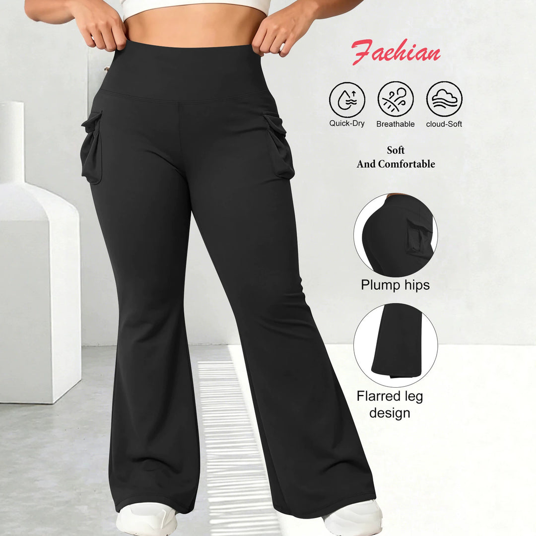 Damen High-Waist Flared-Leggings mit seitlichen Rüschen- und Handytaschen Drune