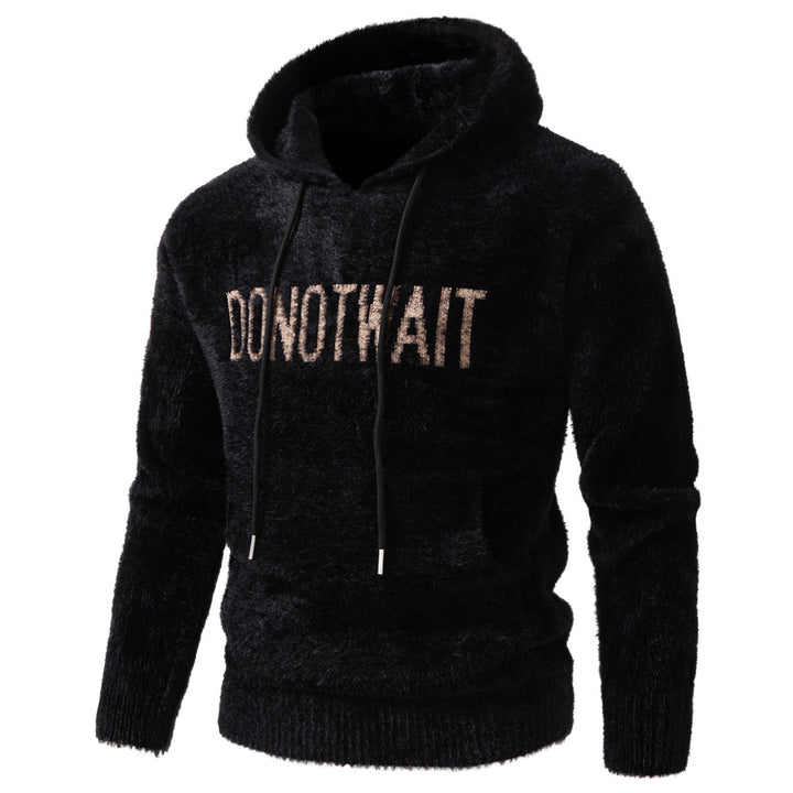 Herren Flauschiger Kapuzenpullover aus Teddy-Fleece mit Statement-Frontprint und Kängurutasche Drune