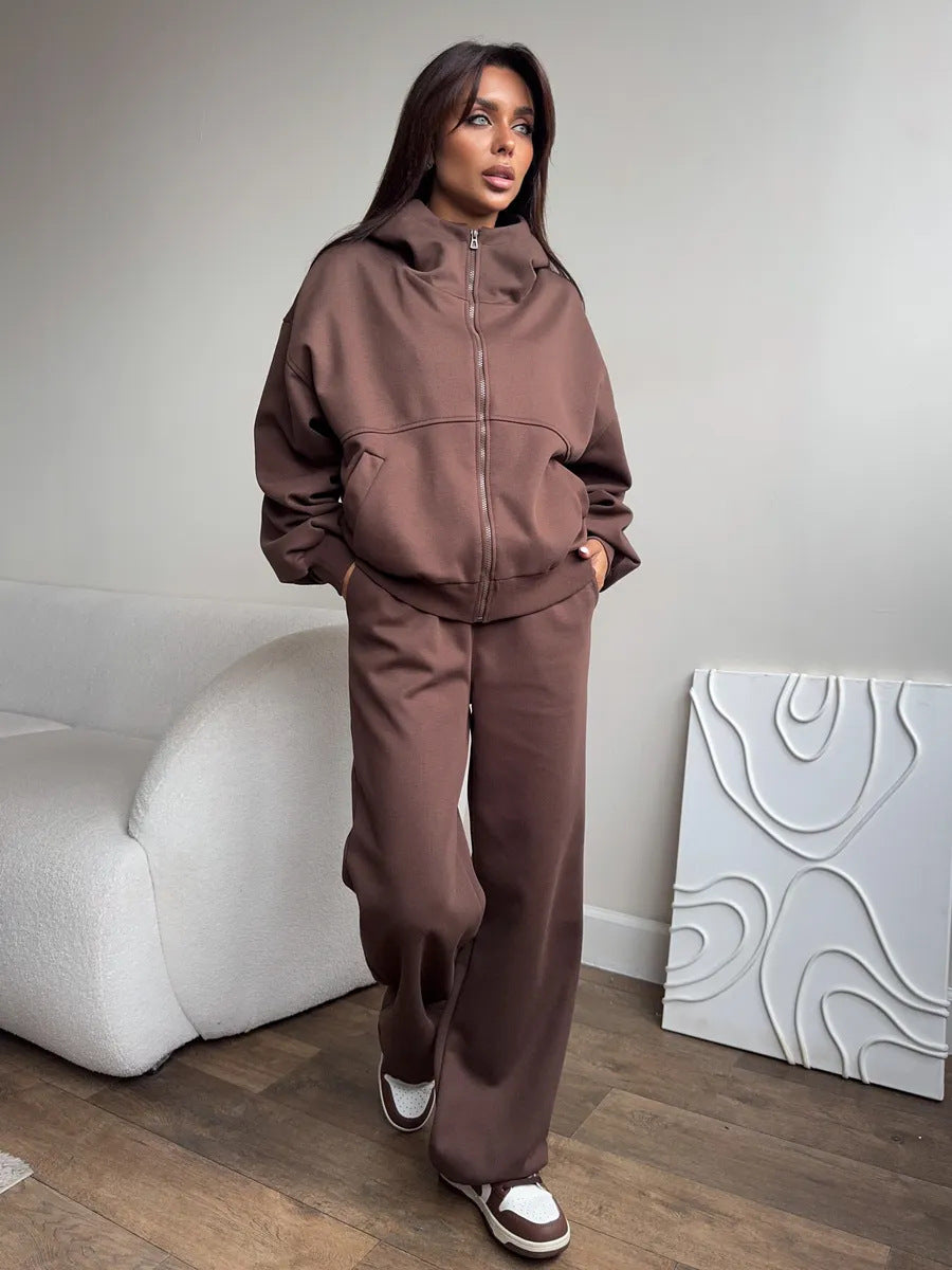 Damen Oversized Hoodie-Jacke mit hoher Stehkapuze und gerader Relax-Sweathose Drune