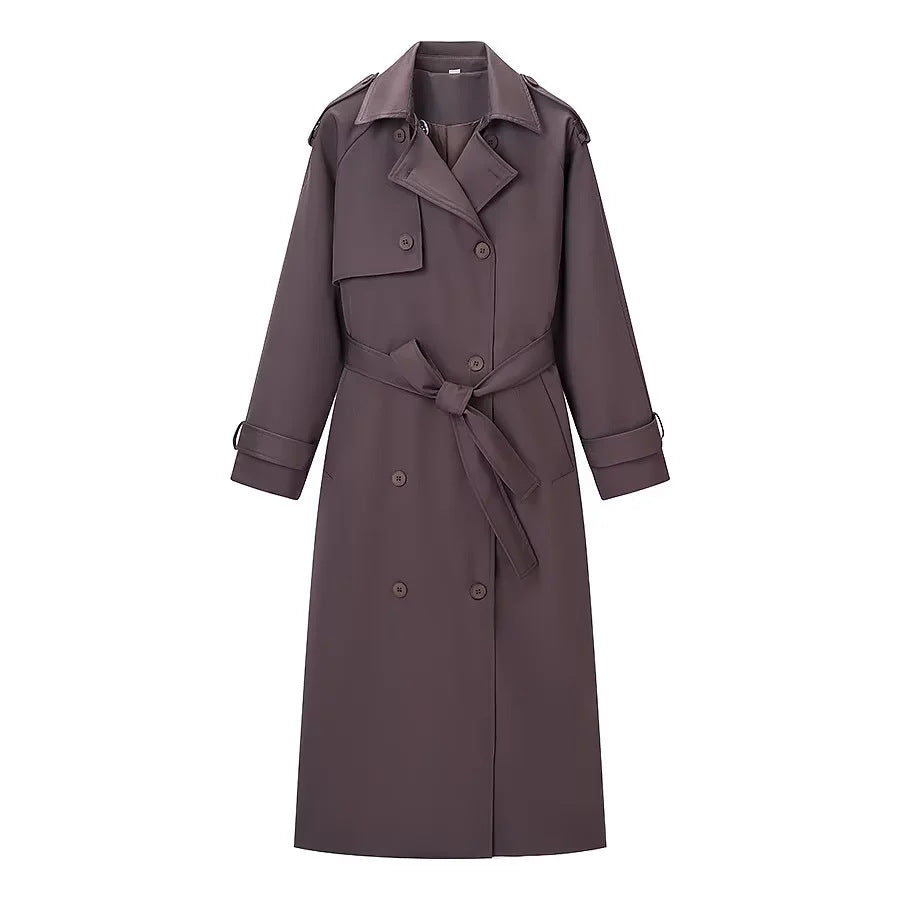 Damen nan langer Doppelreiher-Trenchcoat mit Taillengürtel, Epauletten und Sturmklappe Drune