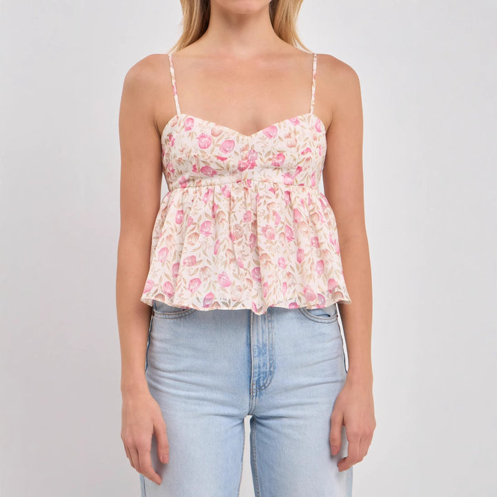 Damen Peplum-Oberteil mit floralem Muster und zarten Spaghetti-Trägern Drune