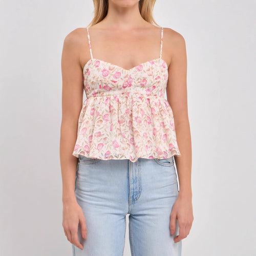 Damen Peplum-Oberteil mit floralem Muster und zarten Spaghetti-Trägern Drune