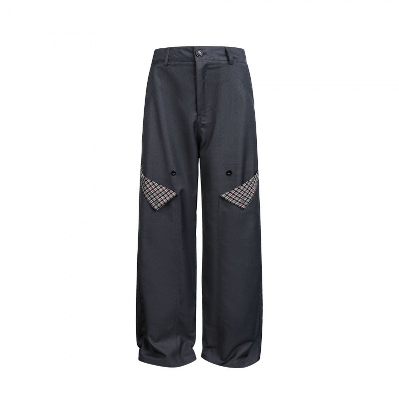 Damen Weite Cargo‑Hose mit Karomuster‑Einsätzen und dekorativen Knopfleisten Drune