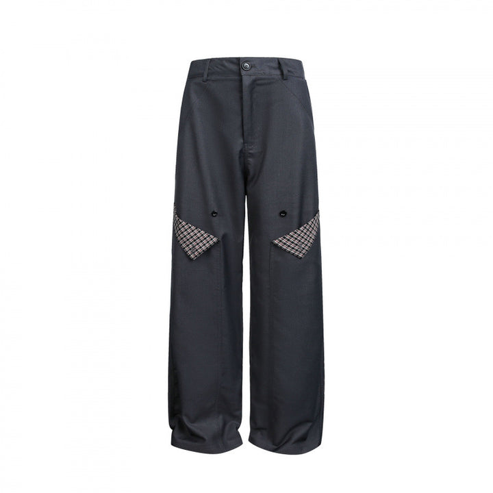 Damen Weite Cargo‑Hose mit Karomuster‑Einsätzen und dekorativen Knopfleisten Drune