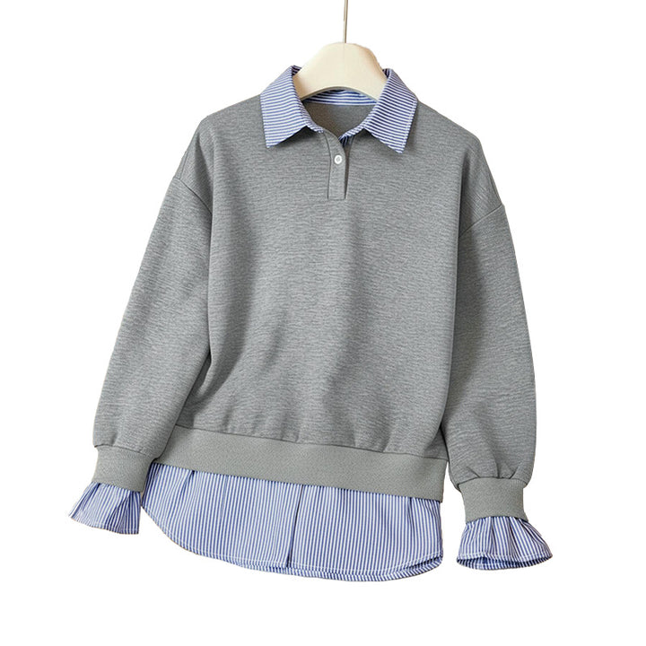Damen Lagen-Look Sweatshirt mit eingearbeitetem Hemdsaum und Rüschenmanschetten Drune