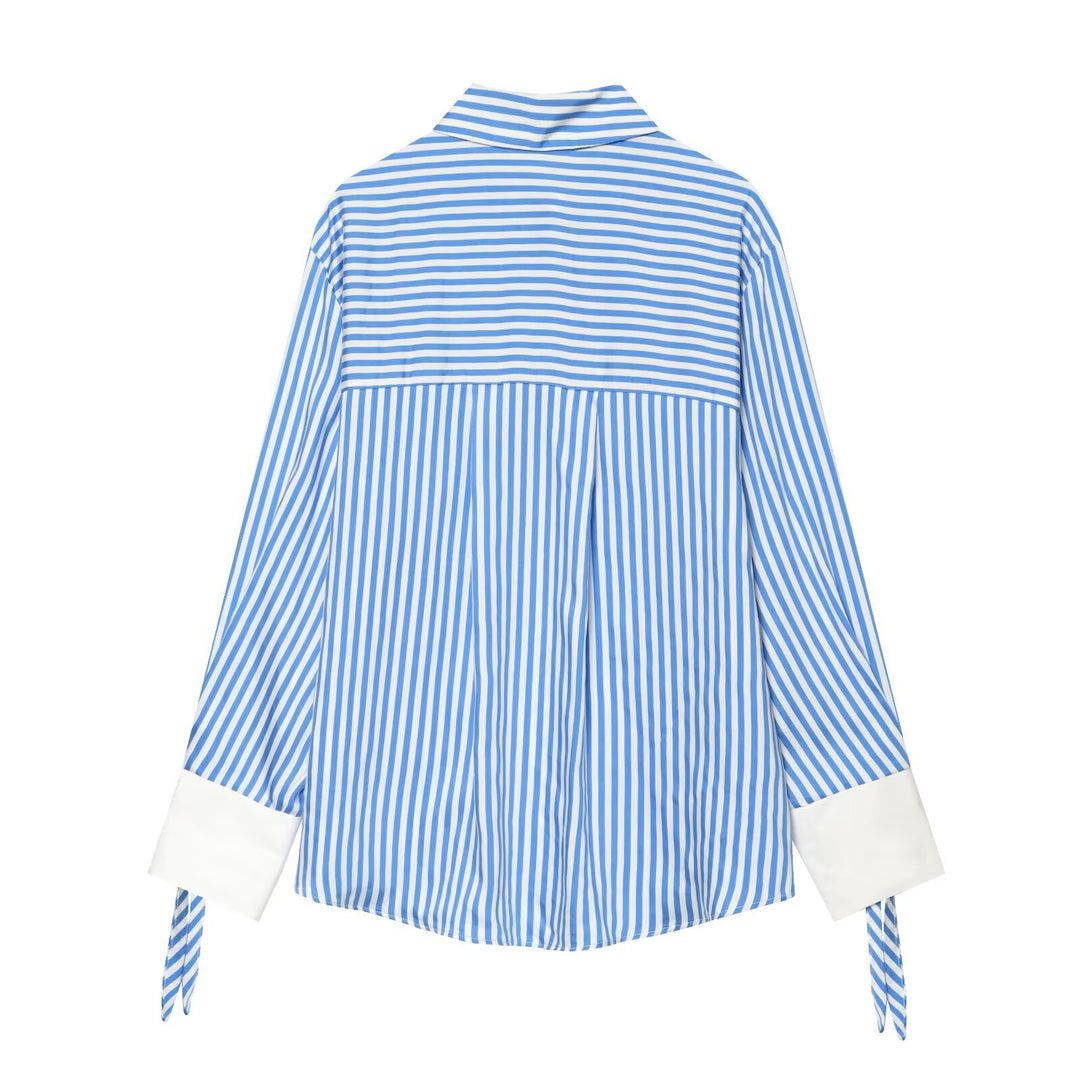 Damen Oversize-Bluse mit Streifen, abgesetzten Manschetten, Schleifendetail und Zierknöpfen Drune