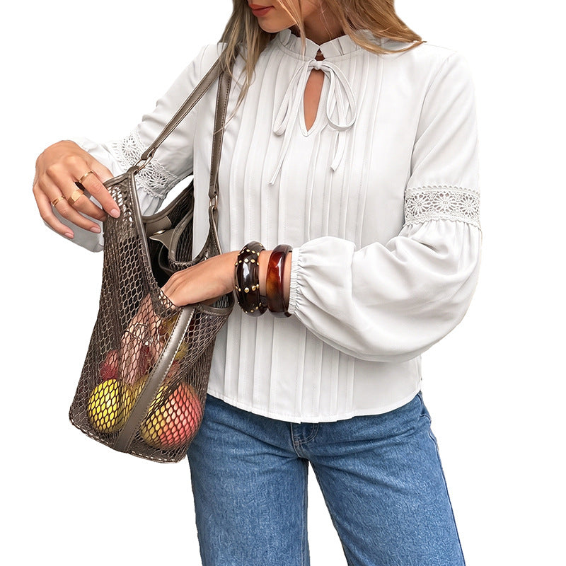 Damen Elegante Bluse mit Rüschendetails und Spitzenakzenten Drune