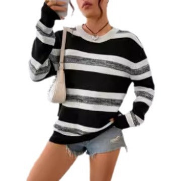 Damen Modischer Strickpullover mit breiten Blockstreifen Drune