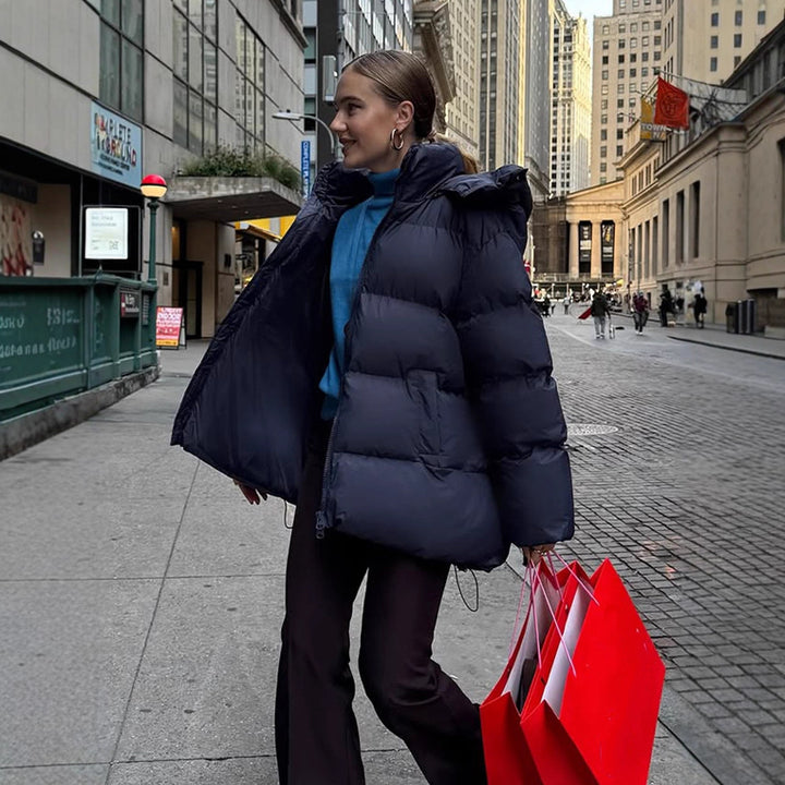 Damen Oversize Stepp-Pufferjacke mit abnehmbarer Kapuze und Zwei-Wege-Reißverschluss Drune