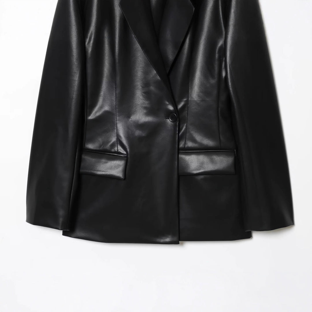 Damen nan luxuriöser veganer Blazer im Lederlook mit schmaler Silhouette, Schalkragen und Pattentaschen Drune