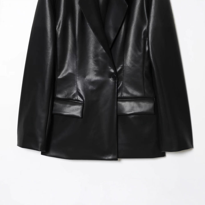 Damen nan luxuriöser veganer Blazer im Lederlook mit schmaler Silhouette, Schalkragen und Pattentaschen Drune