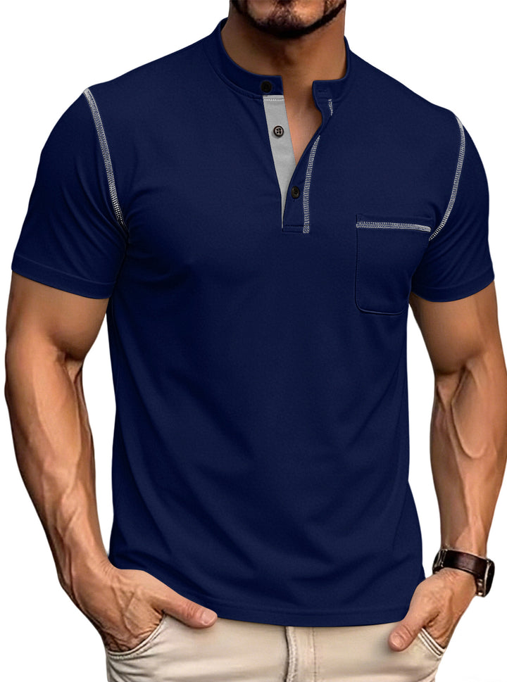 Herren nan kurzärmeliges Henley-Shirt mit Stehkragen, Brusttasche und kontrastierenden Ziernähten Drune