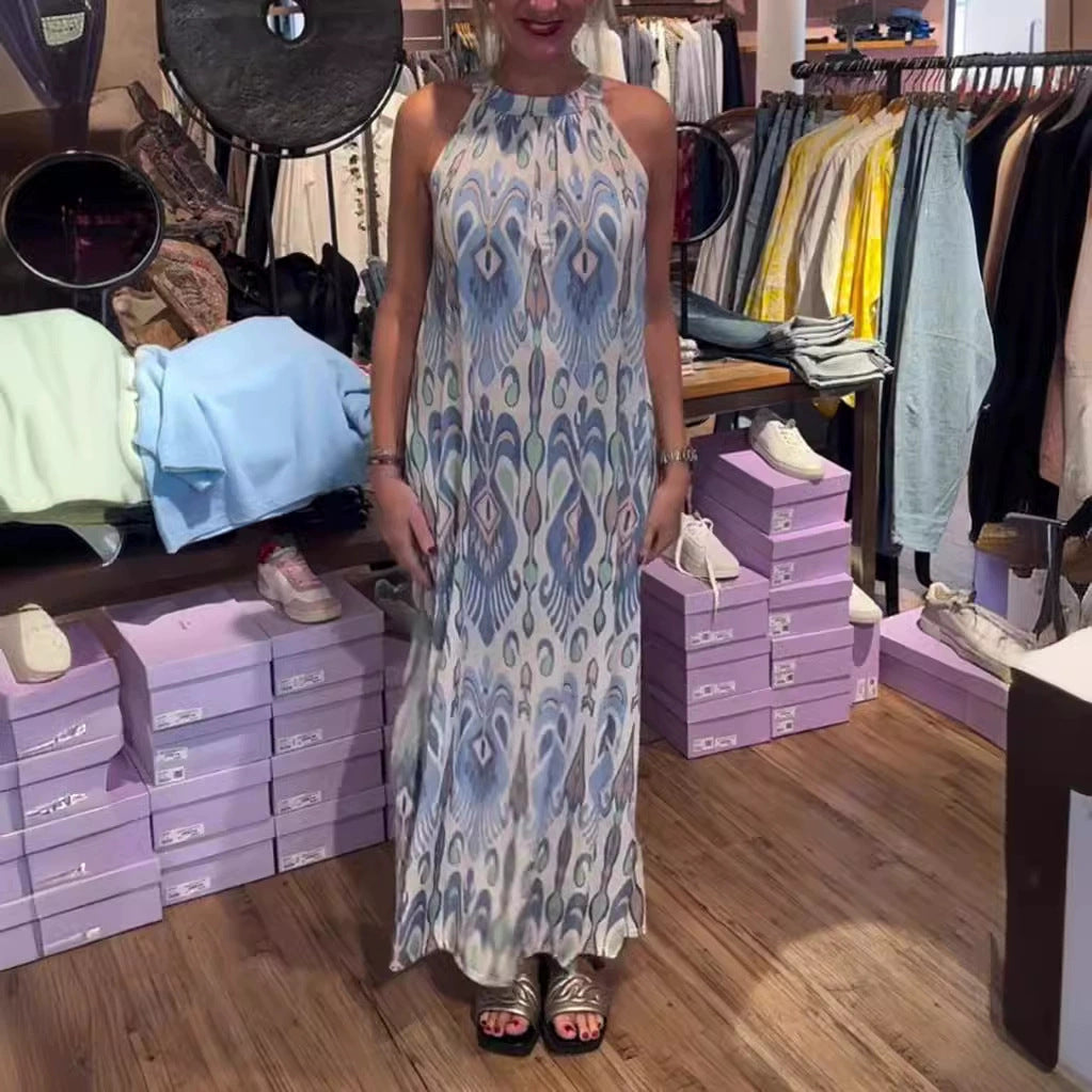 Damen nan fließendes Maxikleid mit Halterkragen, ornamentalem Ikat‑Print und weitem Fall Drune